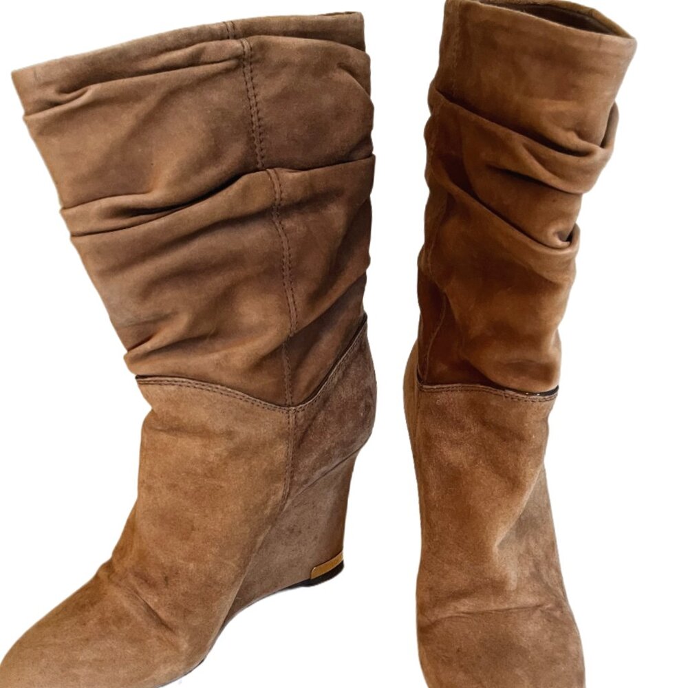 Louis Vuitton Camel Suede Slouch Wedge Boots Gold Metal Logo on Heels Size  37/7 - Picture 10 of 14